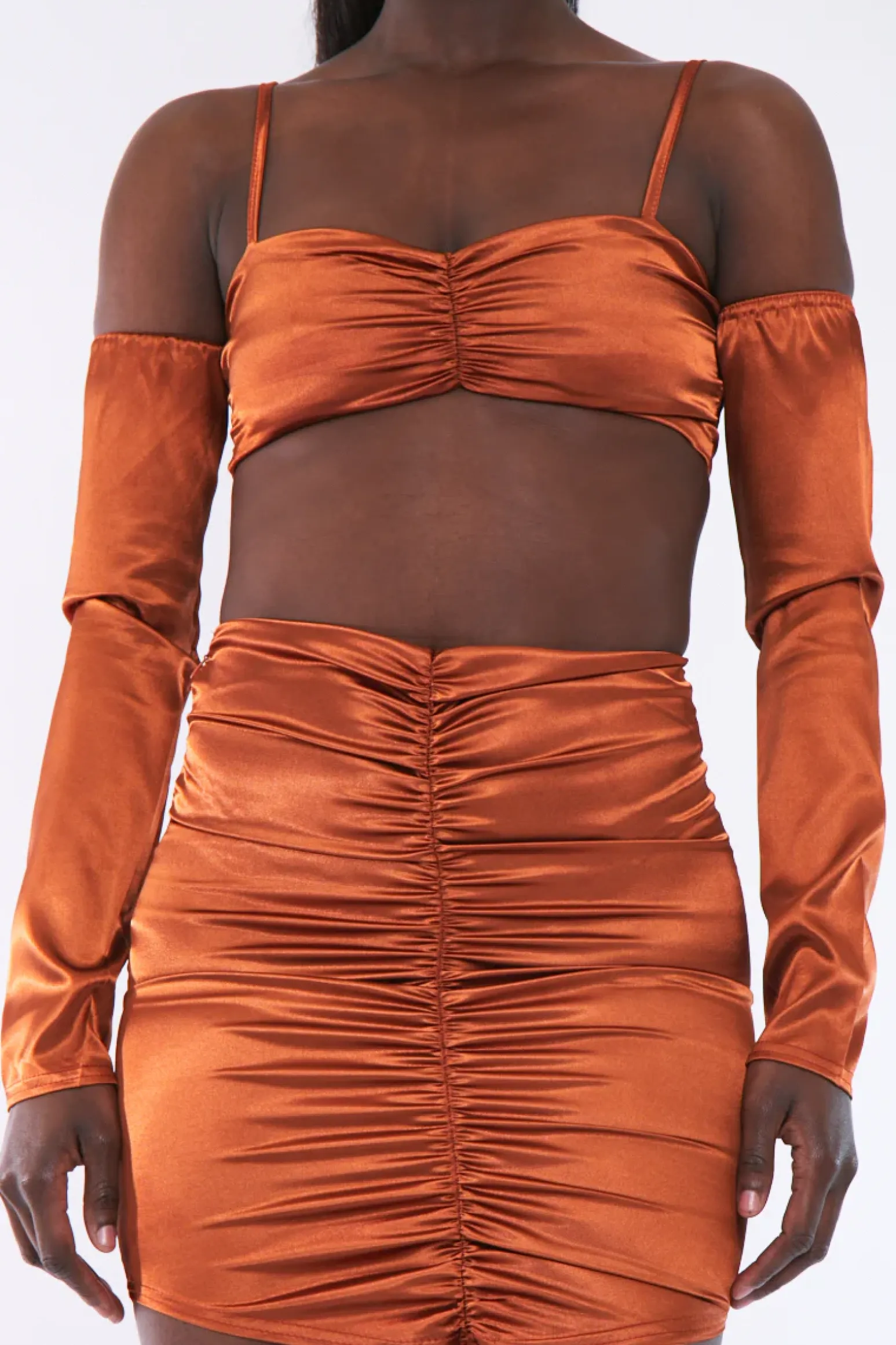 Rebellious Fashion Rust Bardot Satin Crop Top - Alana