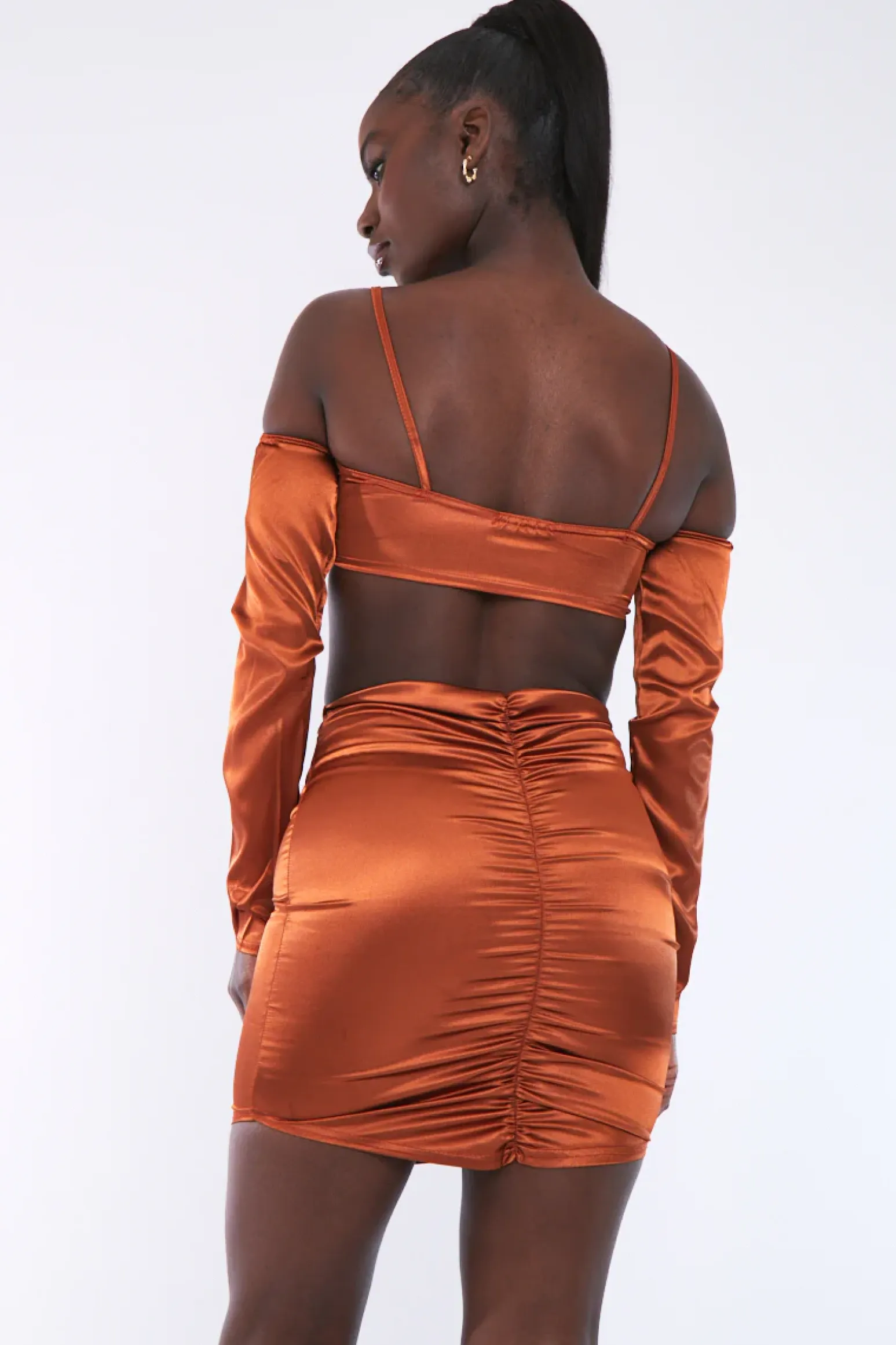 Rebellious Fashion Rust Bardot Satin Crop Top - Alana