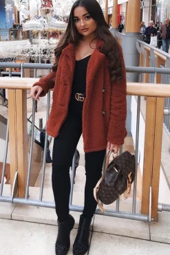 Rebellious Fashion Rust Borg Button Front Coat - Dasia