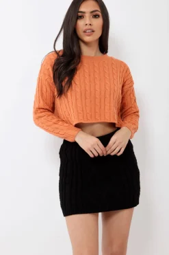 Rebellious Fashion Rust Cable Knit Cropped Jumper - Georgie
