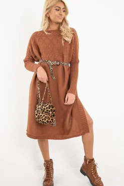 Rebellious Fashion Rust Cable Knit Side Split Jumper Dress - Maniya