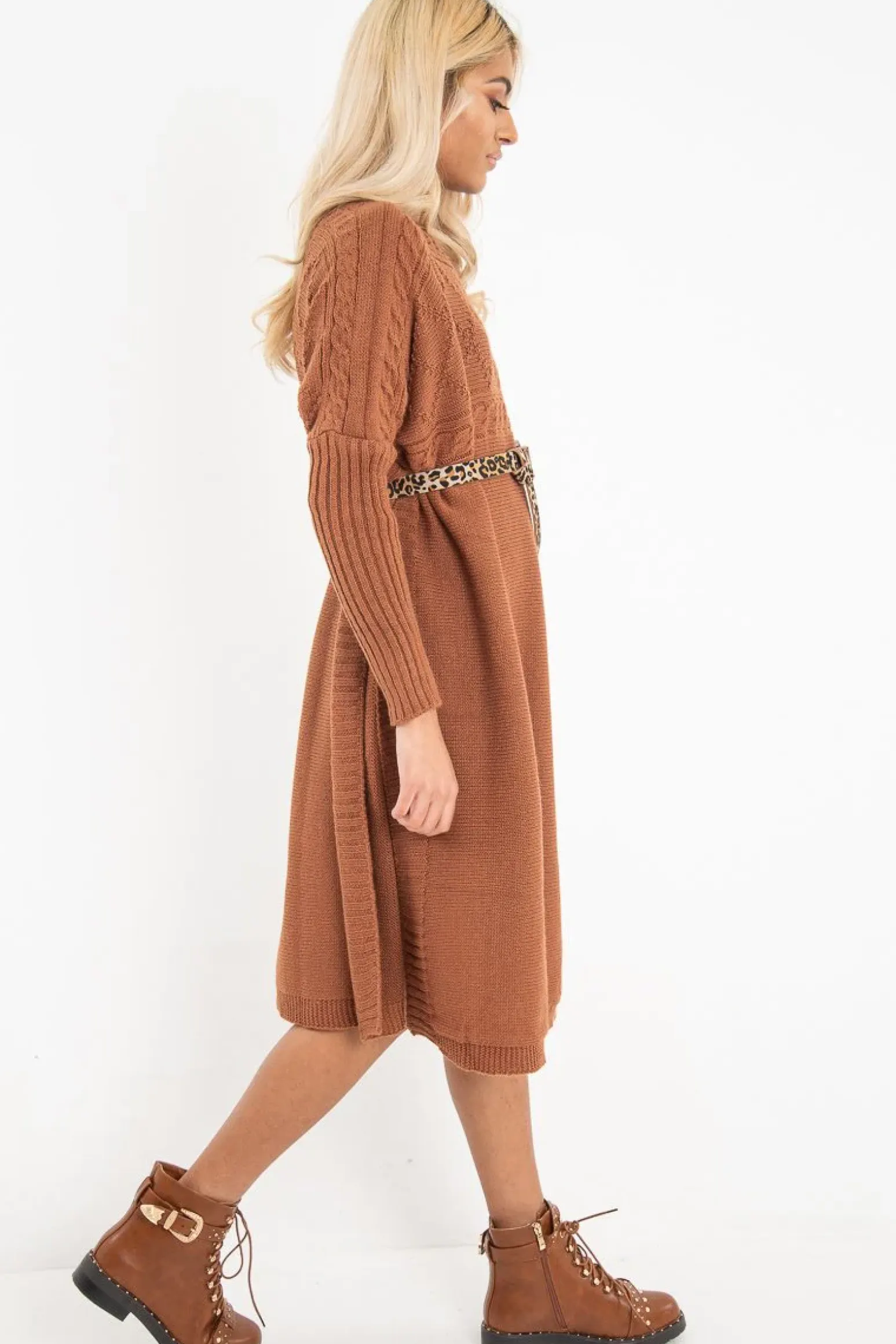 Rebellious Fashion Rust Cable Knit Side Split Jumper Dress - Maniya