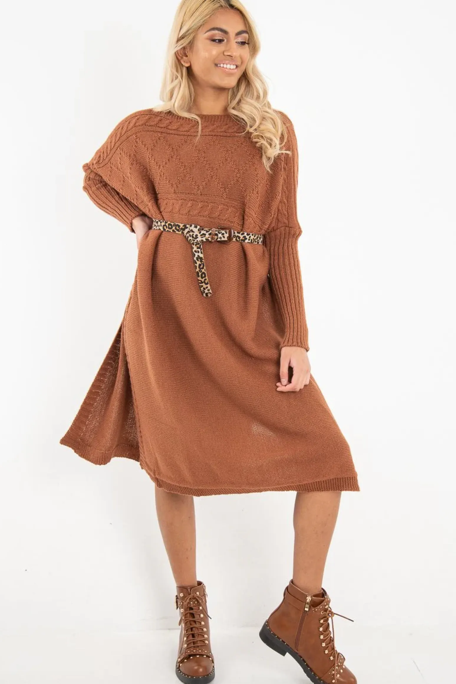 Rebellious Fashion Rust Cable Knit Side Split Jumper Dress - Maniya