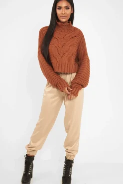 Rebellious Fashion Rust Cable Knit Sleeve Detail Jumper - Miyonna
