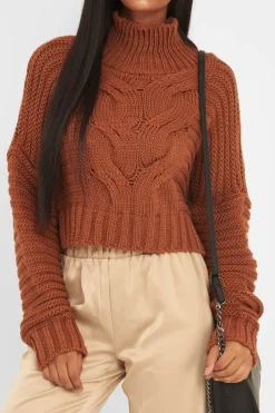 Rebellious Fashion Rust Cable Knit Sleeve Detail Jumper - Miyonna