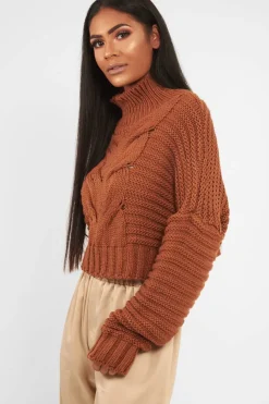 Rebellious Fashion Rust Cable Knit Sleeve Detail Jumper - Miyonna
