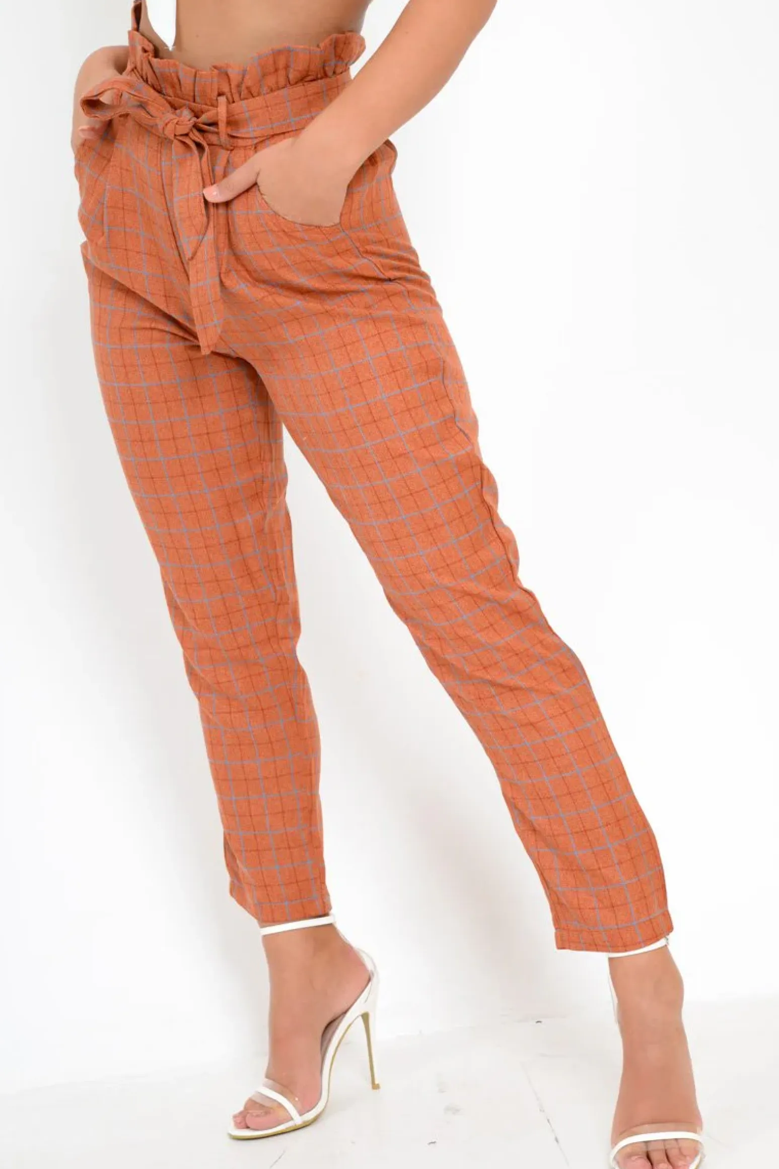 Rebellious Fashion Rust Check Paper Bag Trousers - Irma