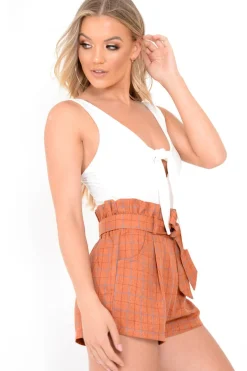 Rebellious Fashion Rust Check Woven Paper Bag Shorts - Aleysa