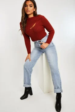 Rebellious Fashion Rust Chest Cut Out Knit Jumper - Heather