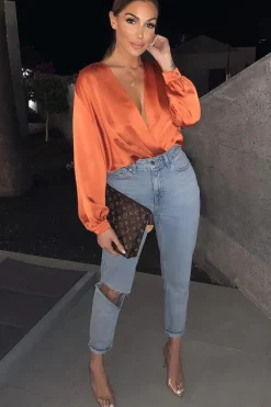 Rebellious Fashion Rust Chiffon Plunge Blouson Sleeve Bodysuit - Liah
