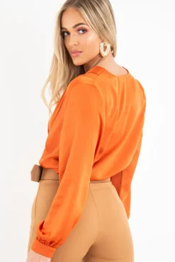 Rebellious Fashion Rust Chiffon Plunge Blouson Sleeve Bodysuit - Liah