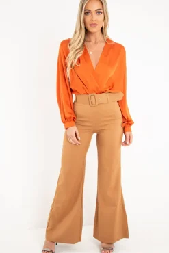 Rebellious Fashion Rust Chiffon Plunge Blouson Sleeve Bodysuit - Liah