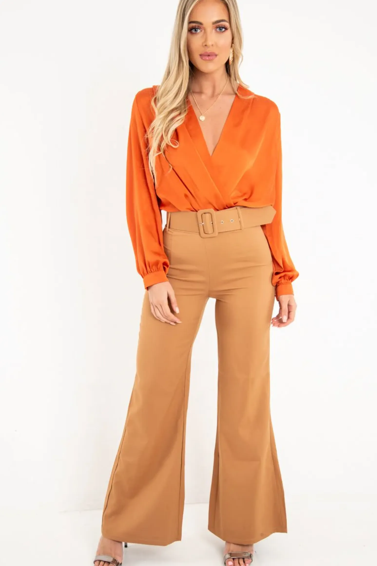 Rebellious Fashion Rust Chiffon Plunge Blouson Sleeve Bodysuit - Liah