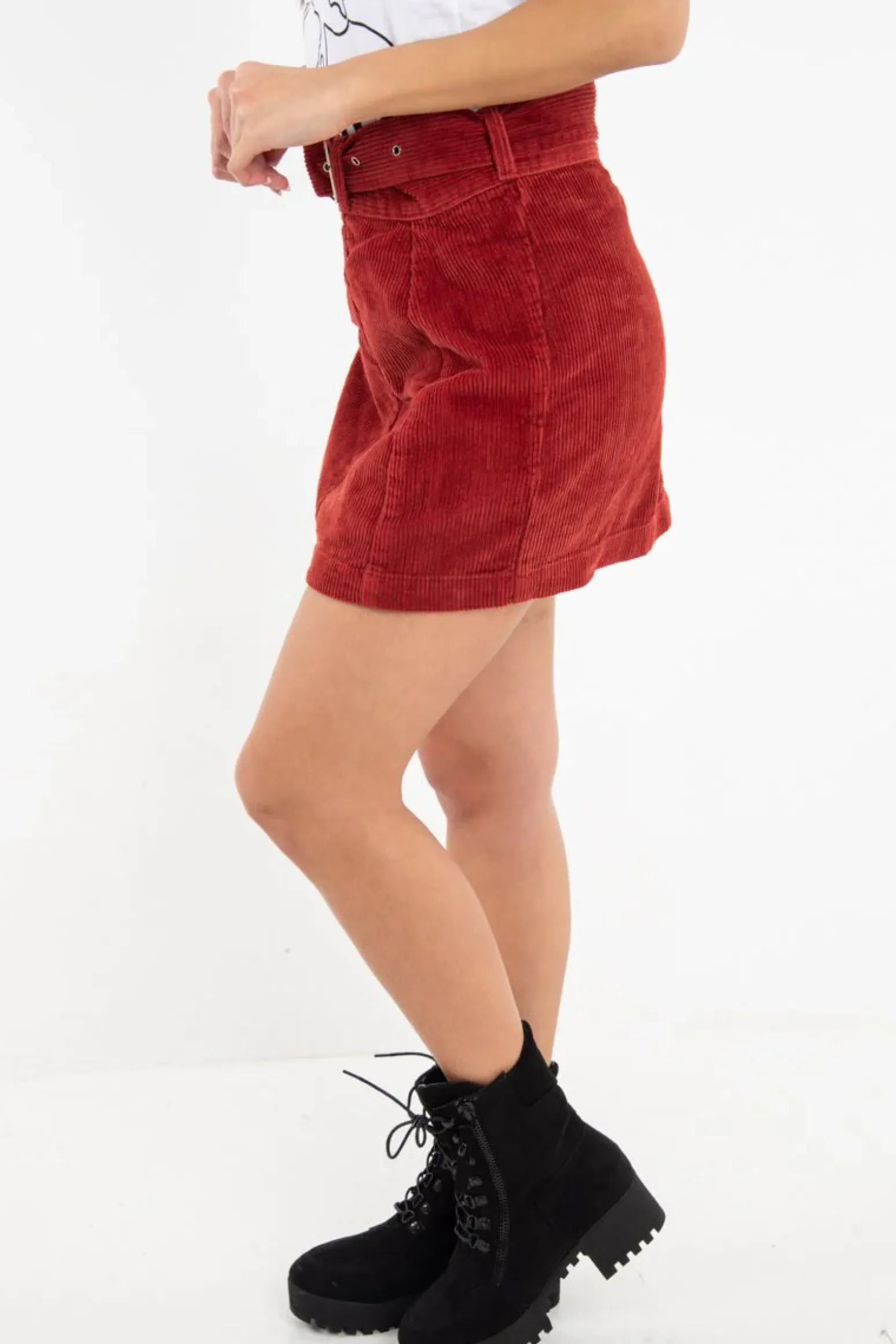 Rebellious Fashion Rust Corduroy Belted Mini Skirt - Mariel