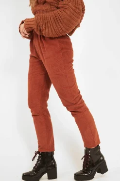 Rebellious Fashion Rust Corduroy Belted Tapered Trousers - Janelle