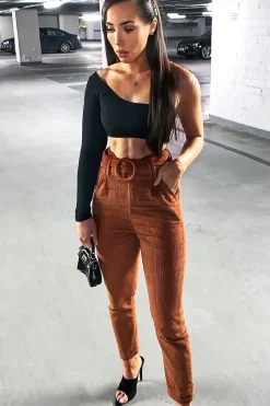 Rebellious Fashion Rust Corduroy Belted Tapered Trousers - Janelle