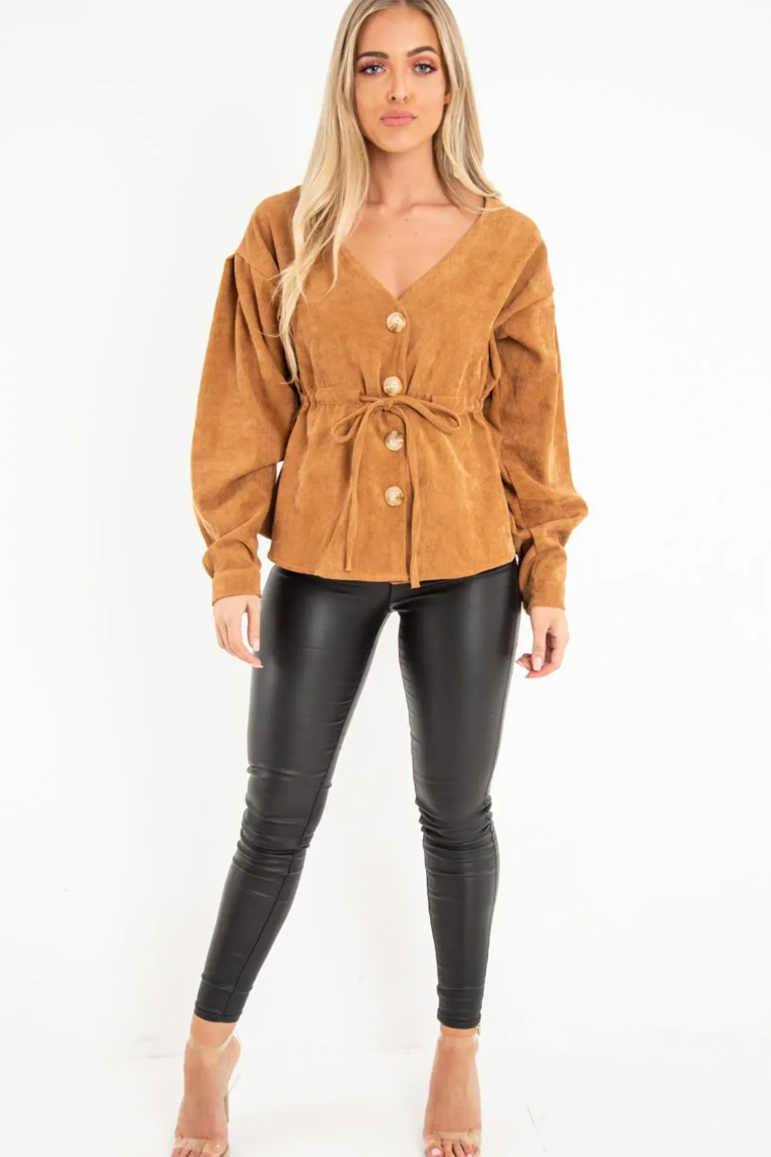 Rebellious Fashion Rust Corduroy Drawstring Buttoned Blouse - Willard