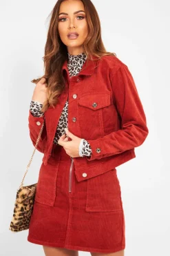 Rebellious Fashion Rust Corduroy Trucker Jacket Skirt Co-Ord - Dhiya