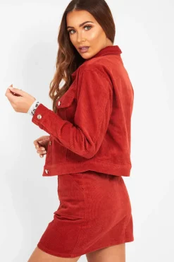 Rebellious Fashion Rust Corduroy Trucker Jacket Skirt Co-Ord - Dhiya