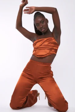 Rebellious Fashion Rust Cowl Neck Satin Corset Top - Skylar