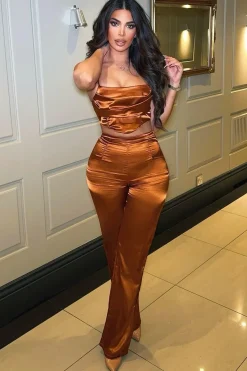 Rebellious Fashion Rust Cowl Neck Satin Corset Top - Skylar