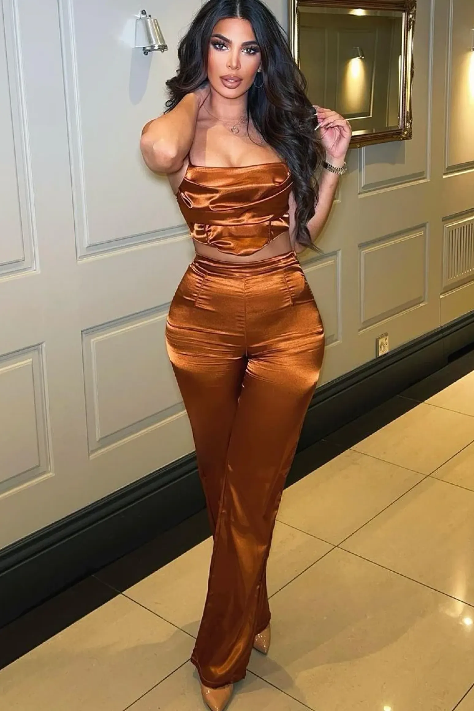 Rebellious Fashion Rust Cowl Neck Satin Corset Top - Skylar