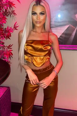 Rebellious Fashion Rust Cowl Neck Satin Corset Top - Skylar