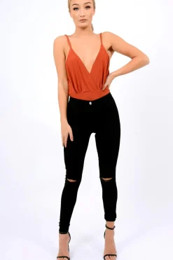 Rebellious Fashion Rust Cross Front Bodysuit - Tarren