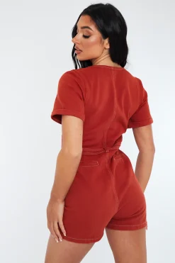 Rebellious Fashion Rust Denim Utility Zip Up Playsuit - Addo