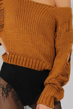 Rebellious Fashion Rust Distressed Detail Knitted Jumper - Lollie