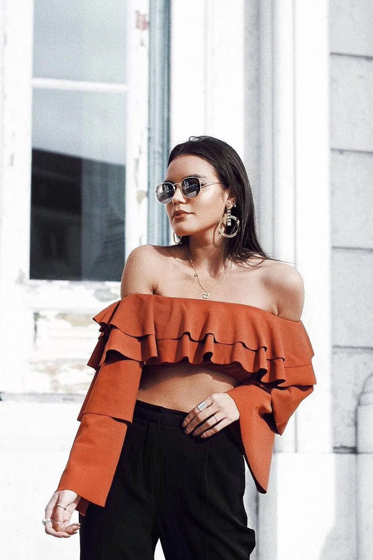 Rebellious Fashion Rust extreme Layered Frill Bardot Crop Top - Nevaeh