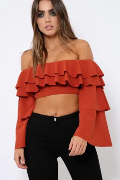 Rebellious Fashion Rust extreme Layered Frill Bardot Crop Top - Nevaeh