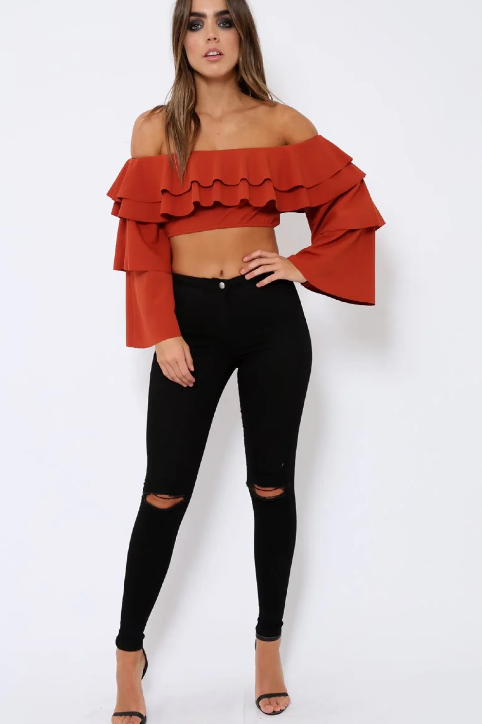 Rebellious Fashion Rust extreme Layered Frill Bardot Crop Top - Nevaeh