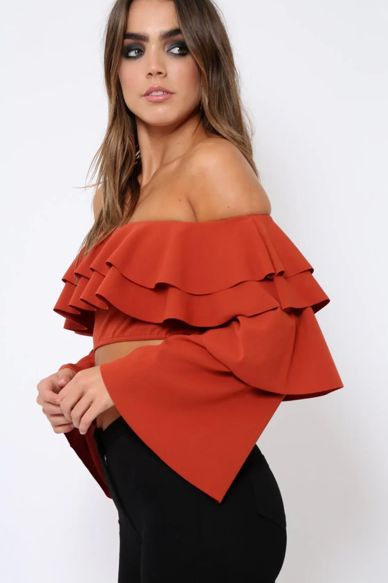 Rebellious Fashion Rust extreme Layered Frill Bardot Crop Top - Nevaeh