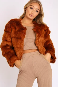 Rebellious Fashion Rust Faux Fur Jacket - Estelle
