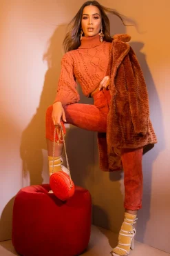 Rebellious Fashion Rust Faux Fur Popper Button Coat - Clarisa