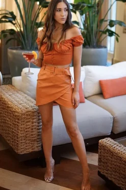Rebellious Fashion Rust Faux Leather Belted Wrap Mini Skirt - Skye
