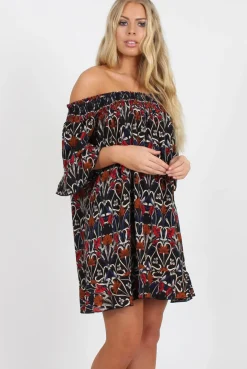 Rebellious Fashion Rust Floral Bardot Ruffly Trim Detail Dress- Stefi