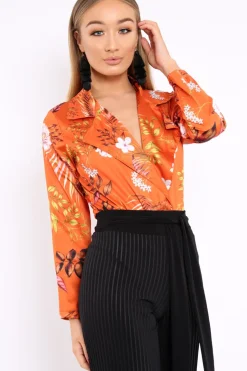 Rebellious Fashion Rust Floral Plunge Satin Bodysuit - Rebeka