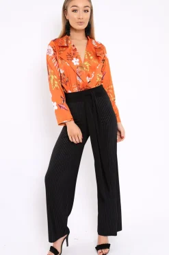 Rebellious Fashion Rust Floral Plunge Satin Bodysuit - Rebeka