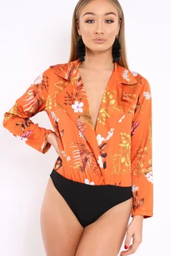 Rebellious Fashion Rust Floral Plunge Satin Bodysuit - Rebeka