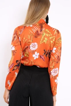 Rebellious Fashion Rust Floral Plunge Satin Bodysuit - Rebeka