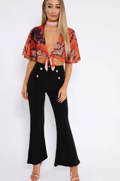 Rebellious Fashion Rust Floral Print Satin Tie Crop Top - Kynslee