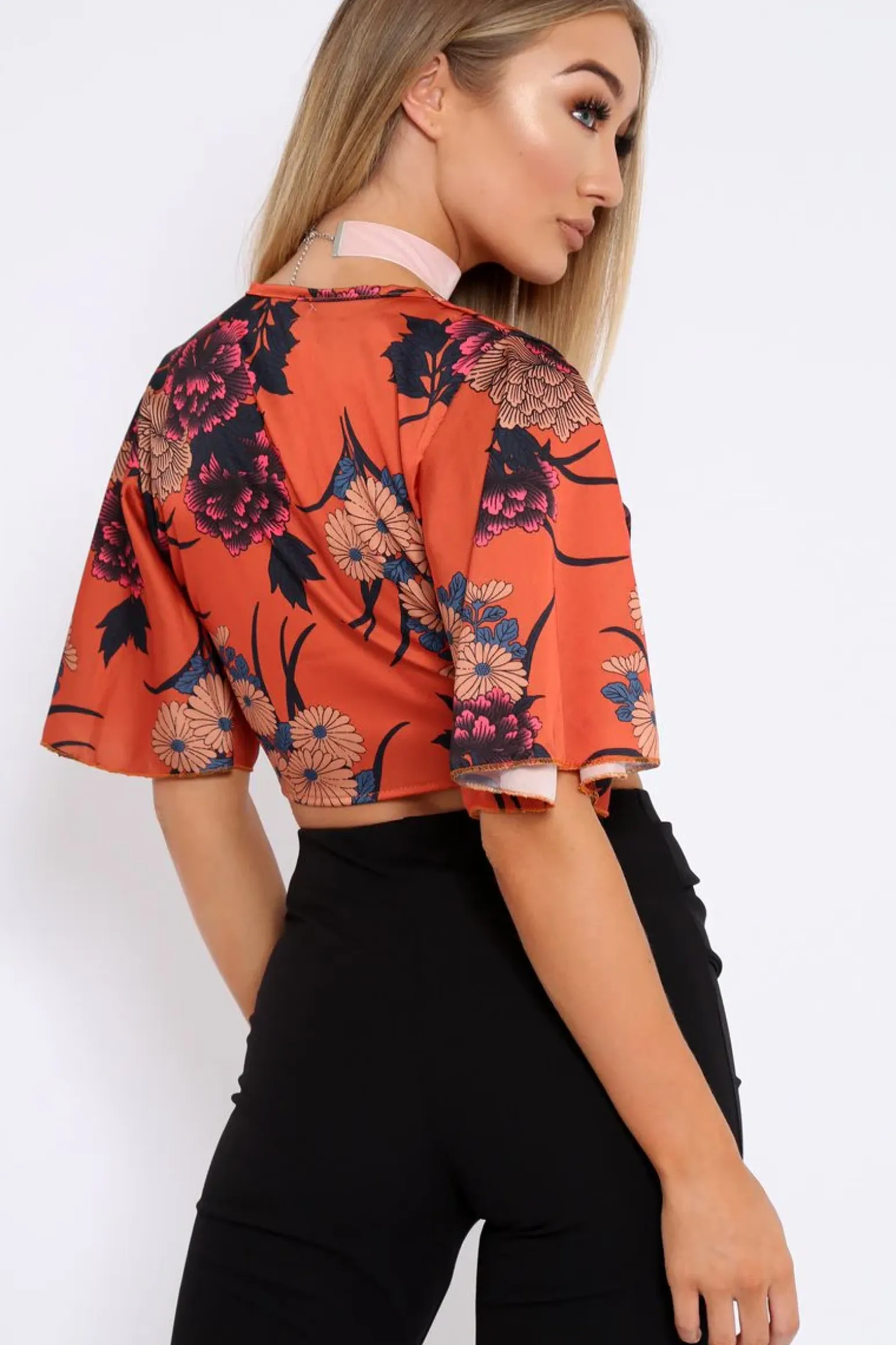 Rebellious Fashion Rust Floral Print Satin Tie Crop Top - Kynslee