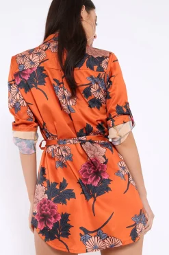 Rebellious Fashion Rust Floral Satin Shirt Tie Dress - Sophina