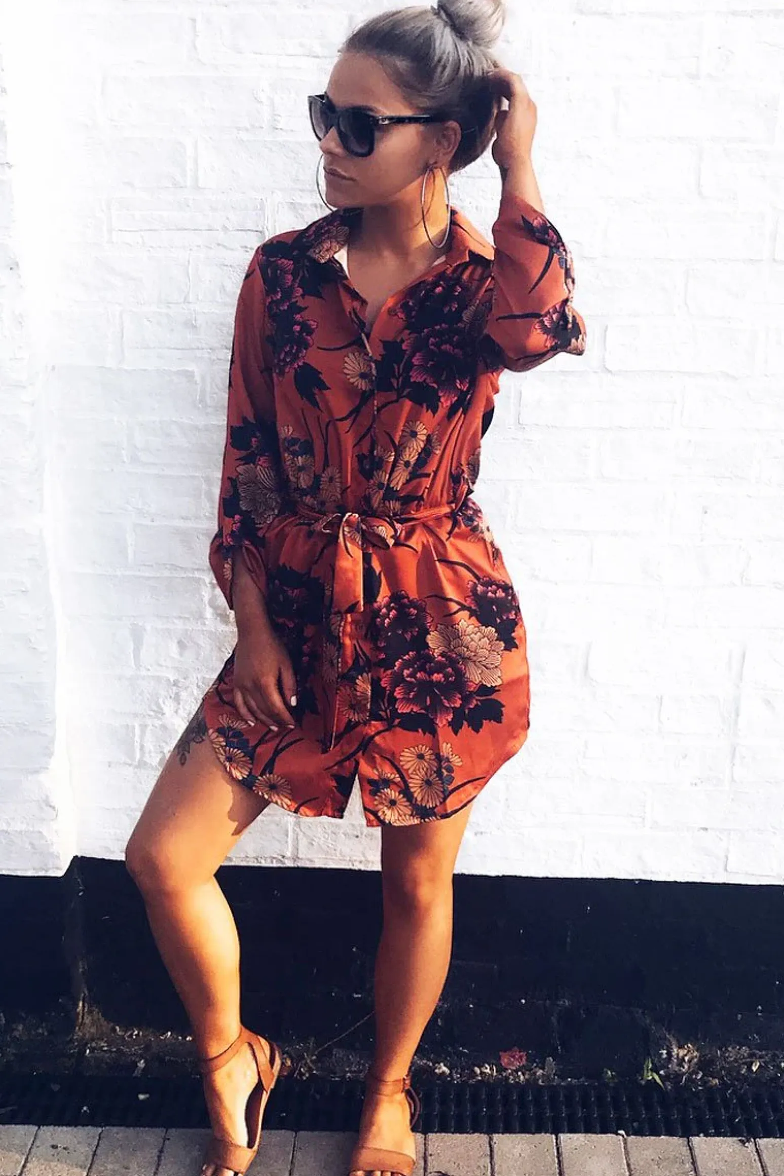 Rebellious Fashion Rust Floral Satin Shirt Tie Dress - Sophina