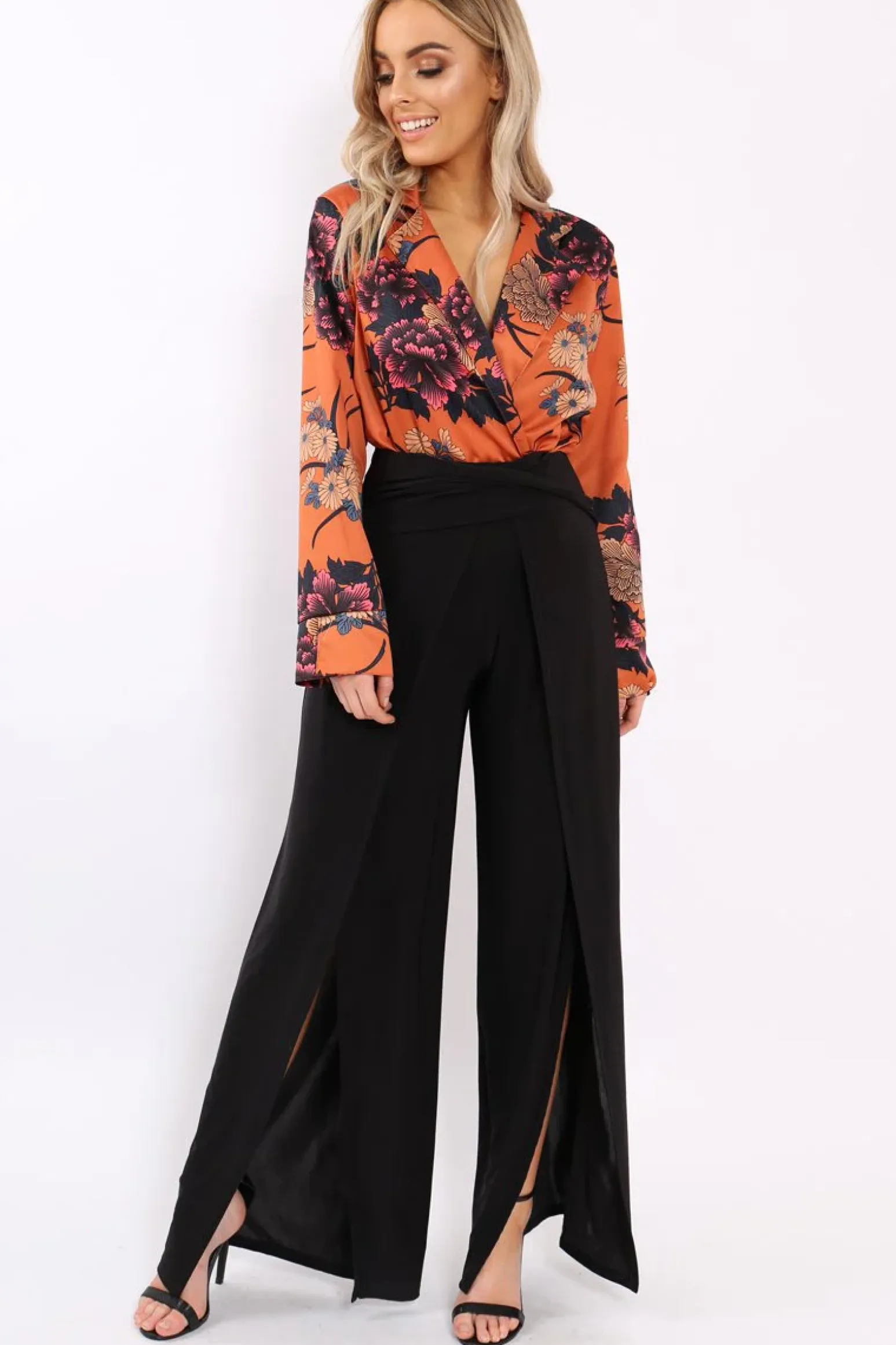 Rebellious Fashion Rust Flower Print Plunge Satin Bodysuit - Madelynn