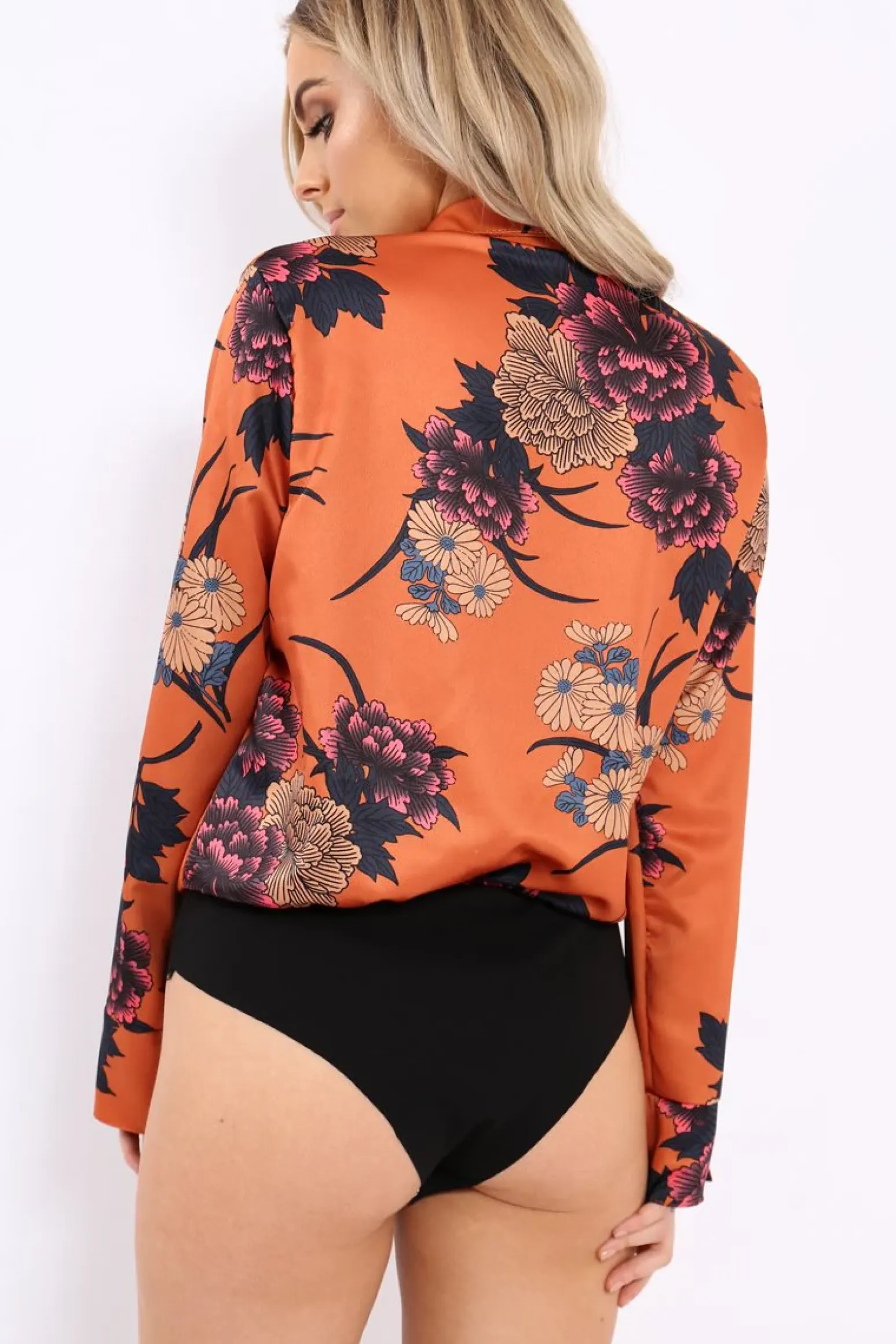 Rebellious Fashion Rust Flower Print Plunge Satin Bodysuit - Madelynn