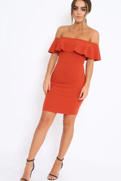 Rebellious Fashion Rust Frill Bardot Midi Dress - Bridget