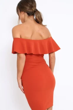 Rebellious Fashion Rust Frill Bardot Midi Dress - Bridget
